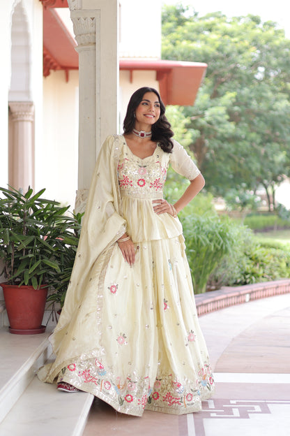 Cream Embroidered Gold Crush Lehenga