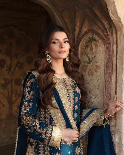 Teal Blue Heavy Embroidered Organza Suit