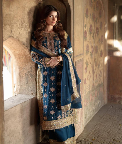 Teal Blue Heavy Embroidered Organza Suit