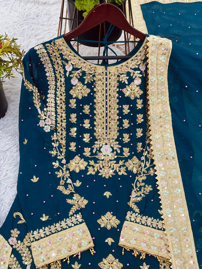 Teal Blue Heavy Embroidered Organza Suit