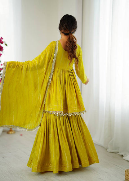 Lime Yellow Sharara Set With Mirror Work Dupatta