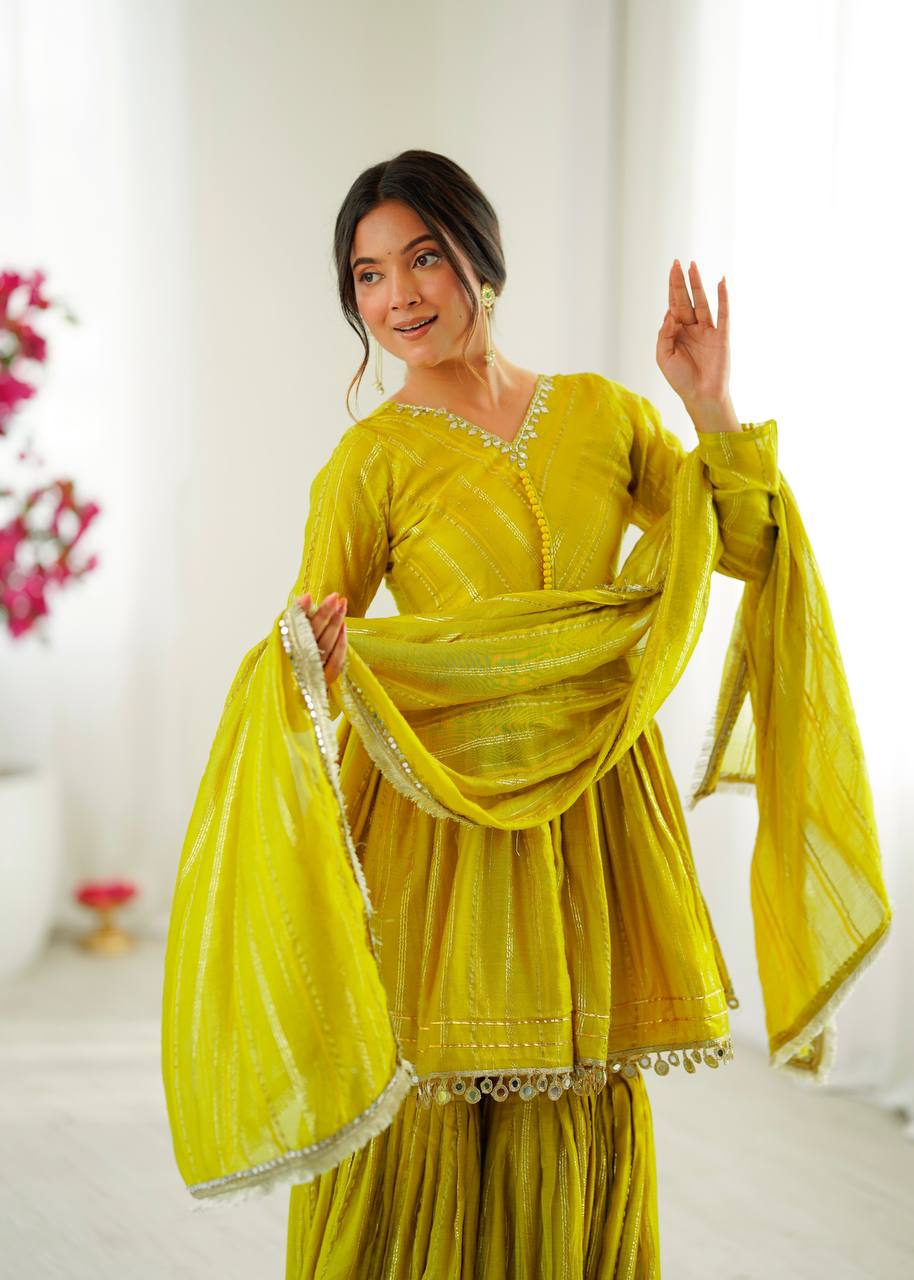 Lime Yellow Sharara Set With Mirror Work Dupatta