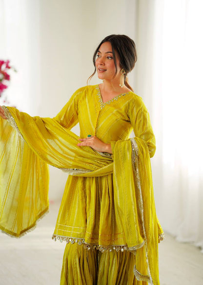 Lime Yellow Sharara Set With Mirror Work Dupatta