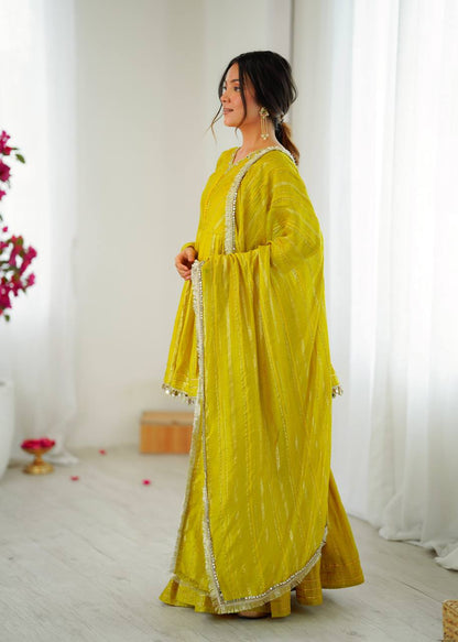 Lime Yellow Sharara Set With Mirror Work Dupatta