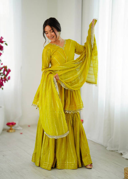 Lime Yellow Sharara Set With Mirror Work Dupatta