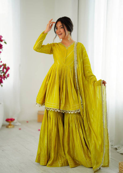 Lime Yellow Sharara Set With Mirror Work Dupatta