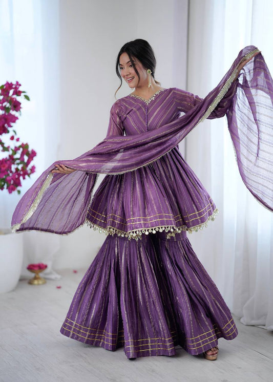 Purple Mirror Lace Suits with Sharara & Dupatta