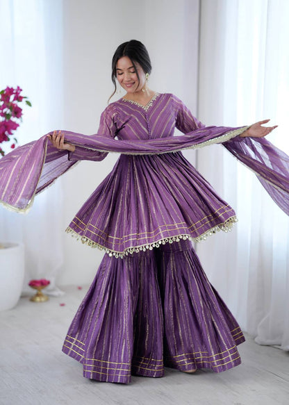 Purple Mirror Lace Suits with Sharara & Dupatta