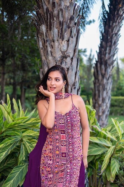 Purple Mirror Embroidered Straight Suit