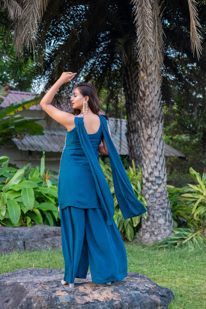 Teal Blue Shade Multi Embroidery Sharara Suit