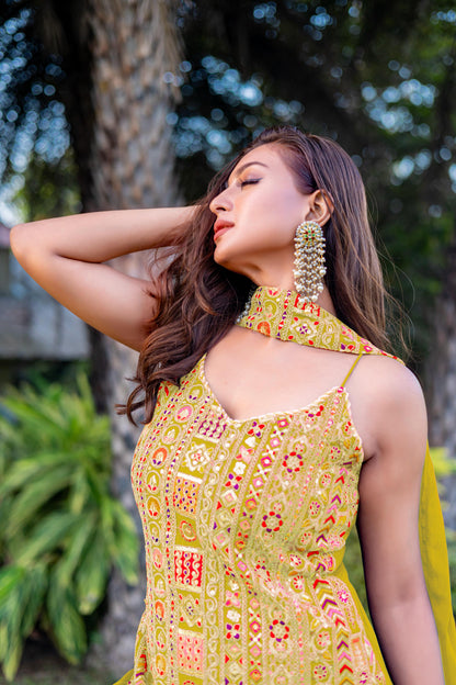 Lime Yellow Heavy  Multi-Thread Embroidery Suit