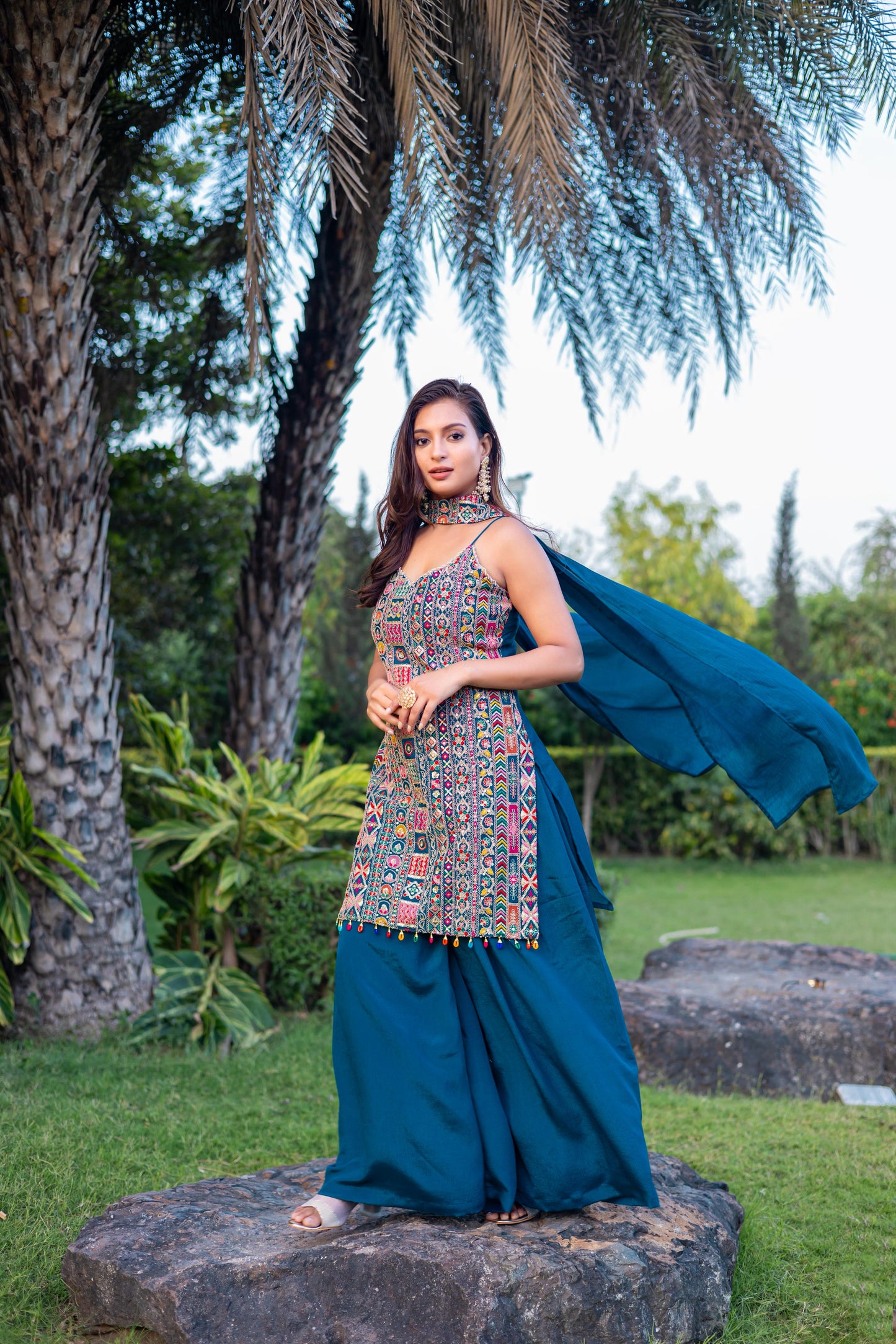 Teal Blue Shade Multi Embroidery Sharara Suit