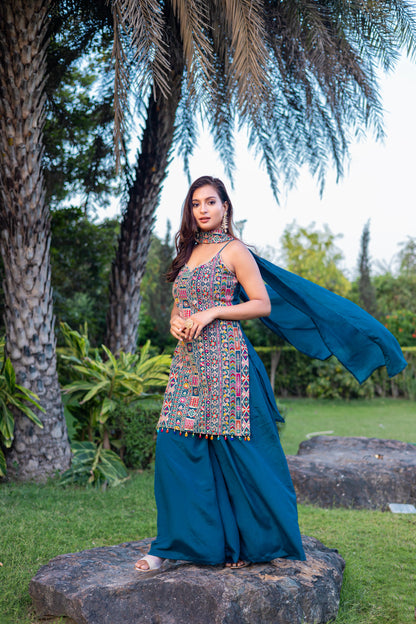 Teal Blue Shade Multi Embroidery Sharara Suit