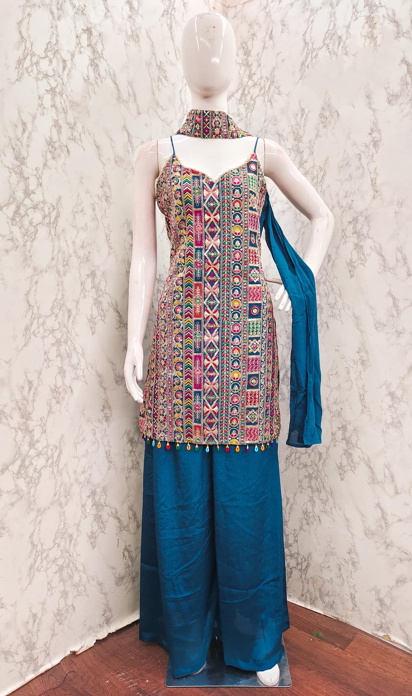 Teal Blue Shade Multi Embroidery Sharara Suit