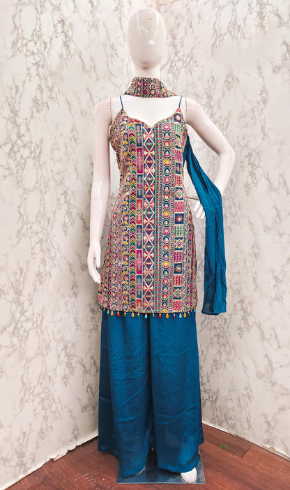 Teal Blue Shade Multi Embroidery Sharara Suit