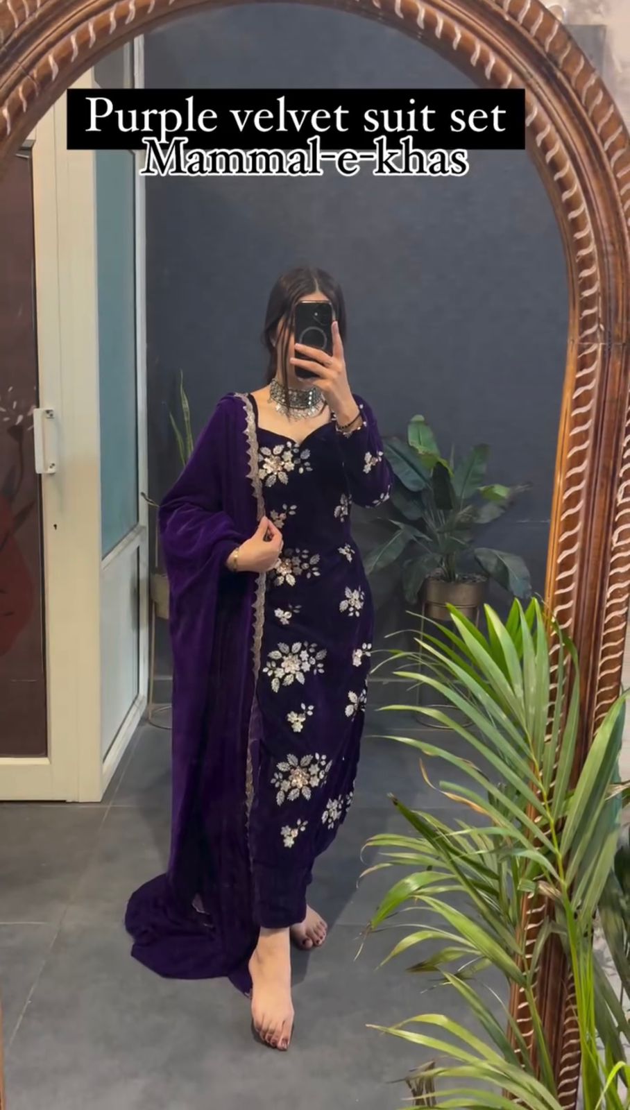 Purple Velvet Floral Work Pakistani Suit