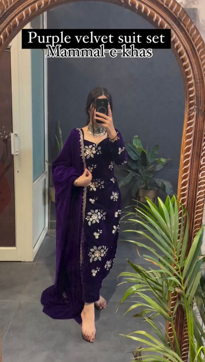 Purple Velvet Floral Work Pakistani Suit