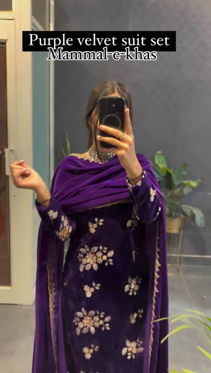 Purple Velvet Floral Work Pakistani Suit