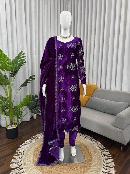 Purple Velvet Floral Work Pakistani Suit