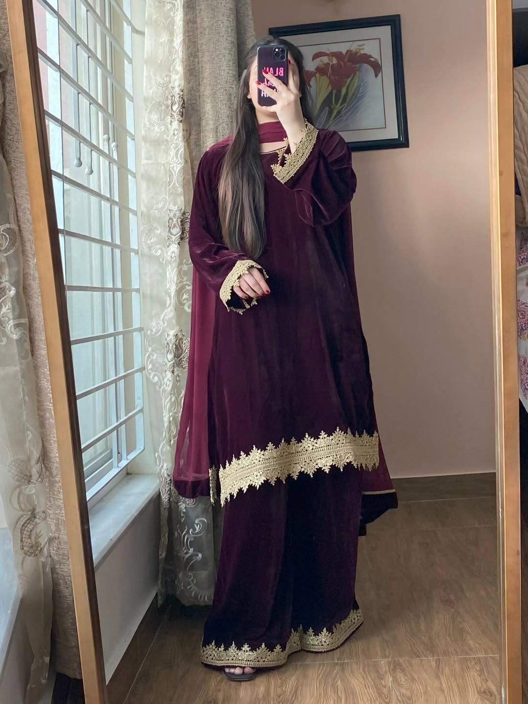 Wine Velvet Suit With Zari Embroidery
