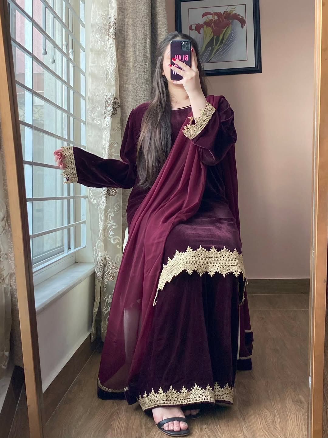 Wine Velvet Suit With Zari Embroidery