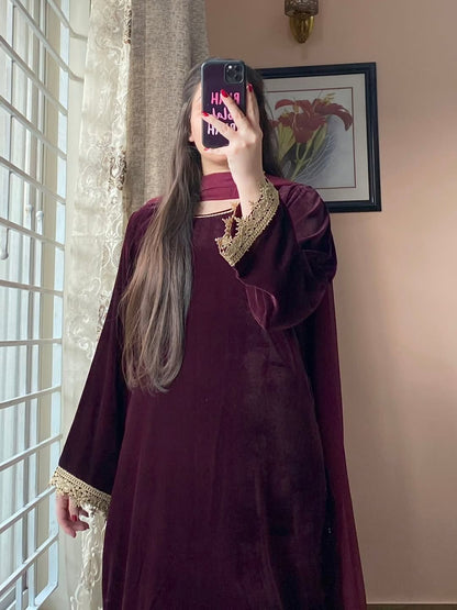 Wine Velvet Suit With Zari Embroidery