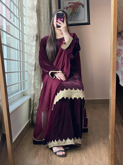 Wine Velvet Suit With Zari Embroidery