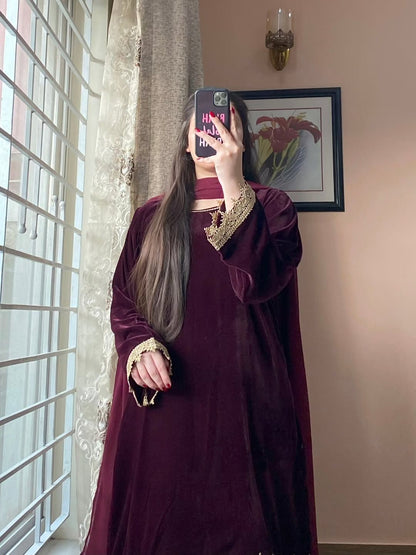 Wine Velvet Suit With Zari Embroidery