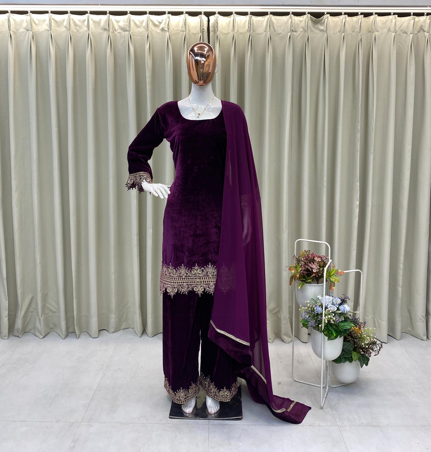 Wine Velvet Suit With Zari Embroidery
