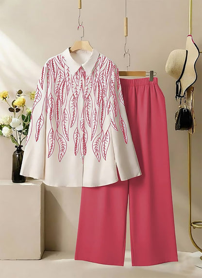 Trendy White Leaf-Print Shirt with Pink Wide-Leg Pants Co-Ord Set