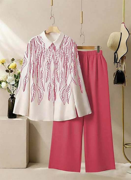 Trendy White Leaf-Print Shirt with Pink Wide-Leg Pants Co-Ord Set