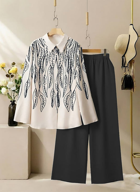 Premium Casual Co-Ord Set with White Printed Shirt & Black Palazzo Pants