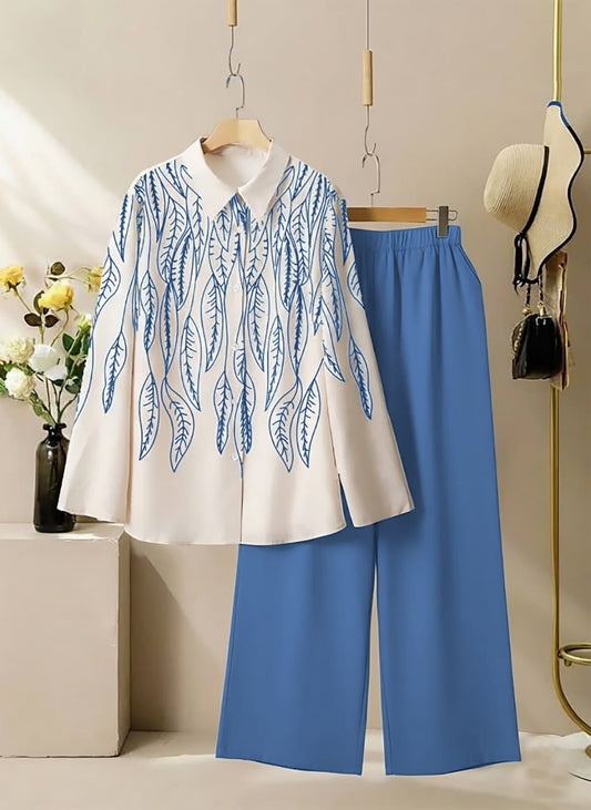 Classic White Long-Sleeve Printed Shirt Paired with Blue Elastic Waist Pants