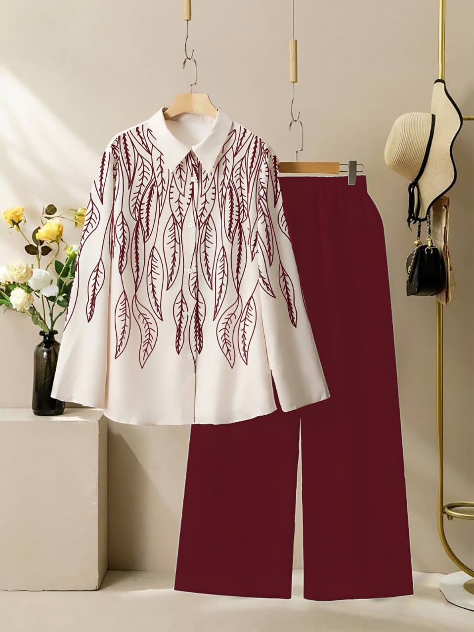 White Leaf Print Shirt with Maroon Pant Co-Ord Set