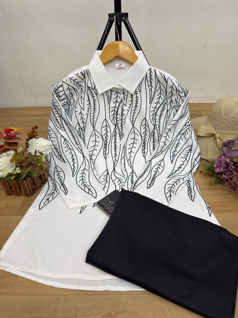 Premium Casual Co-Ord Set with White Printed Shirt & Black Palazzo Pants