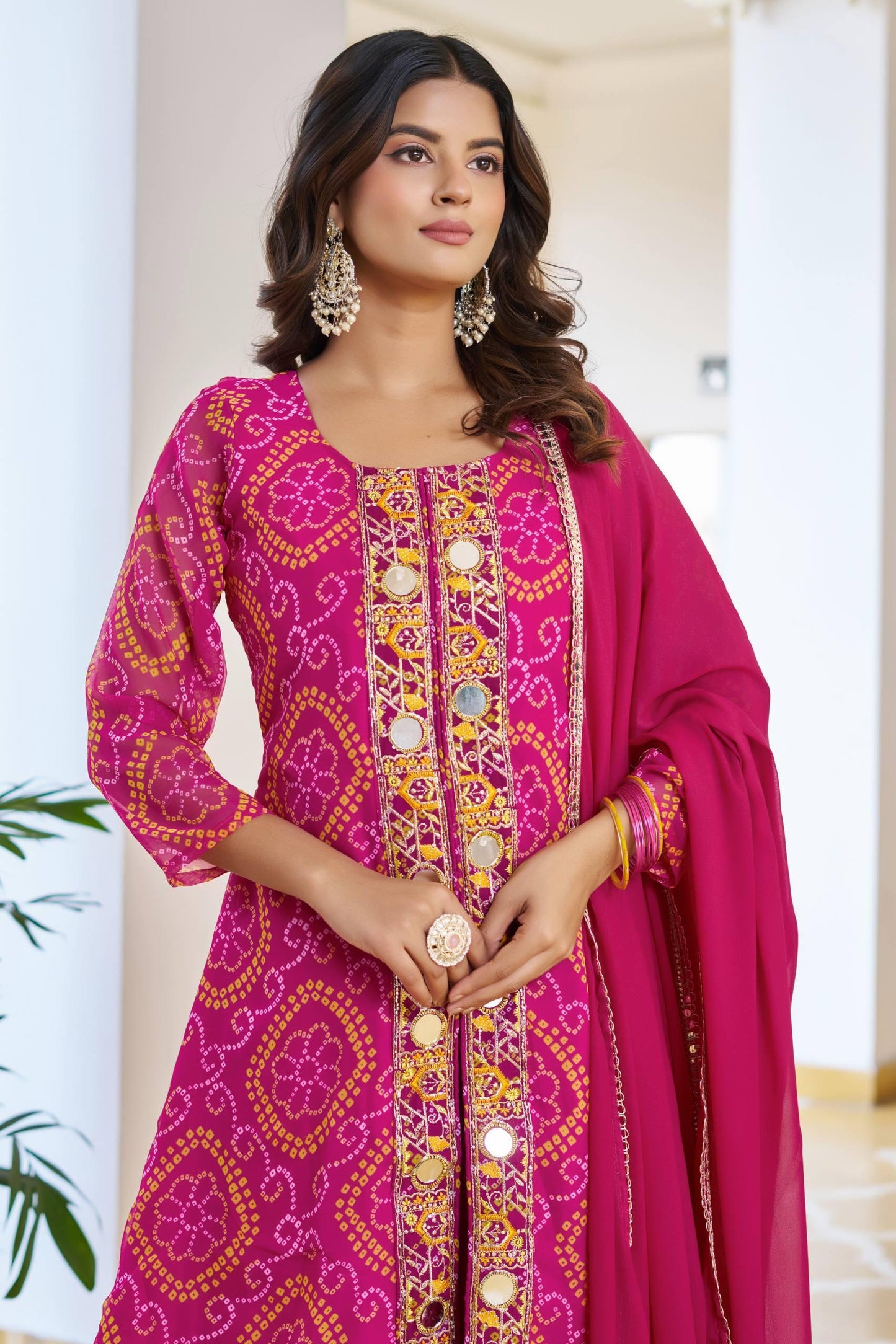 Pink Designer Bandhani Print Kurta Set