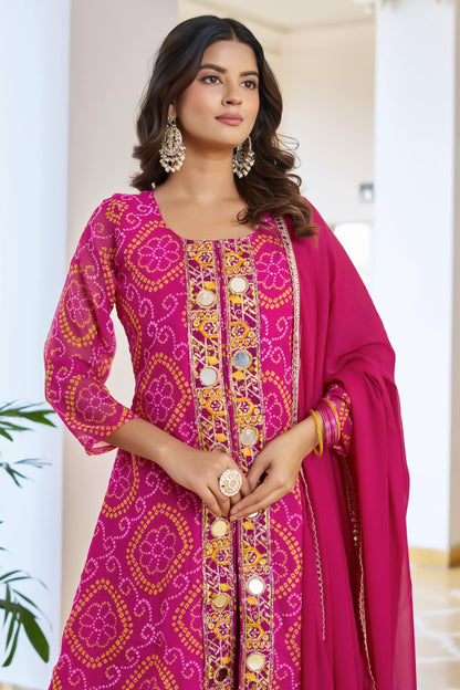 Pink Designer Bandhani Print Kurta Set