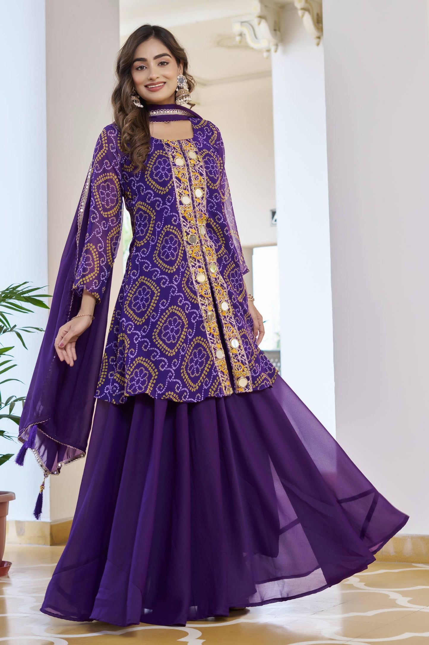 Royal Purple Bandhani Embroidery Kurti Set