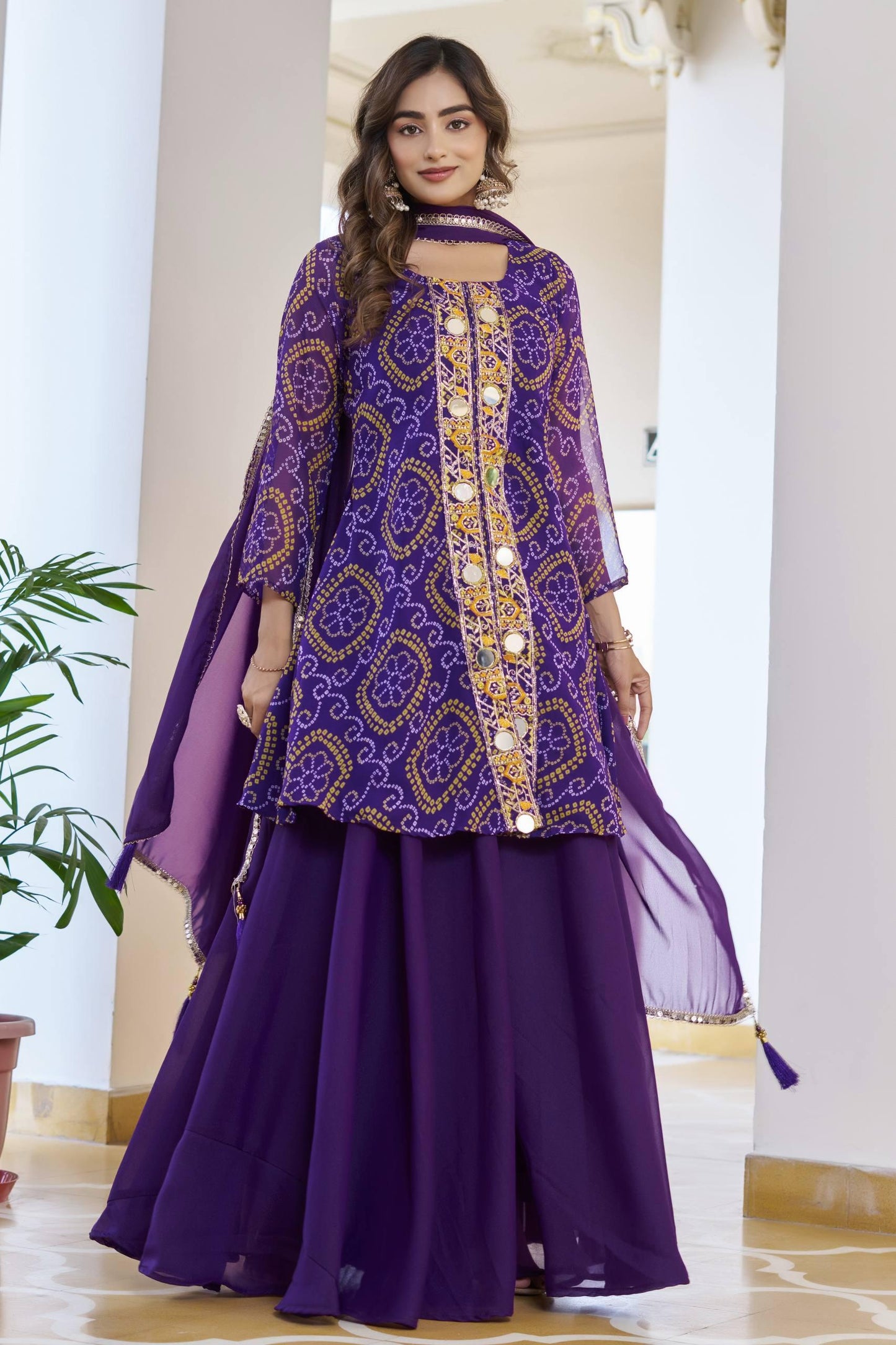 Royal Purple Bandhani Embroidery Kurti Set