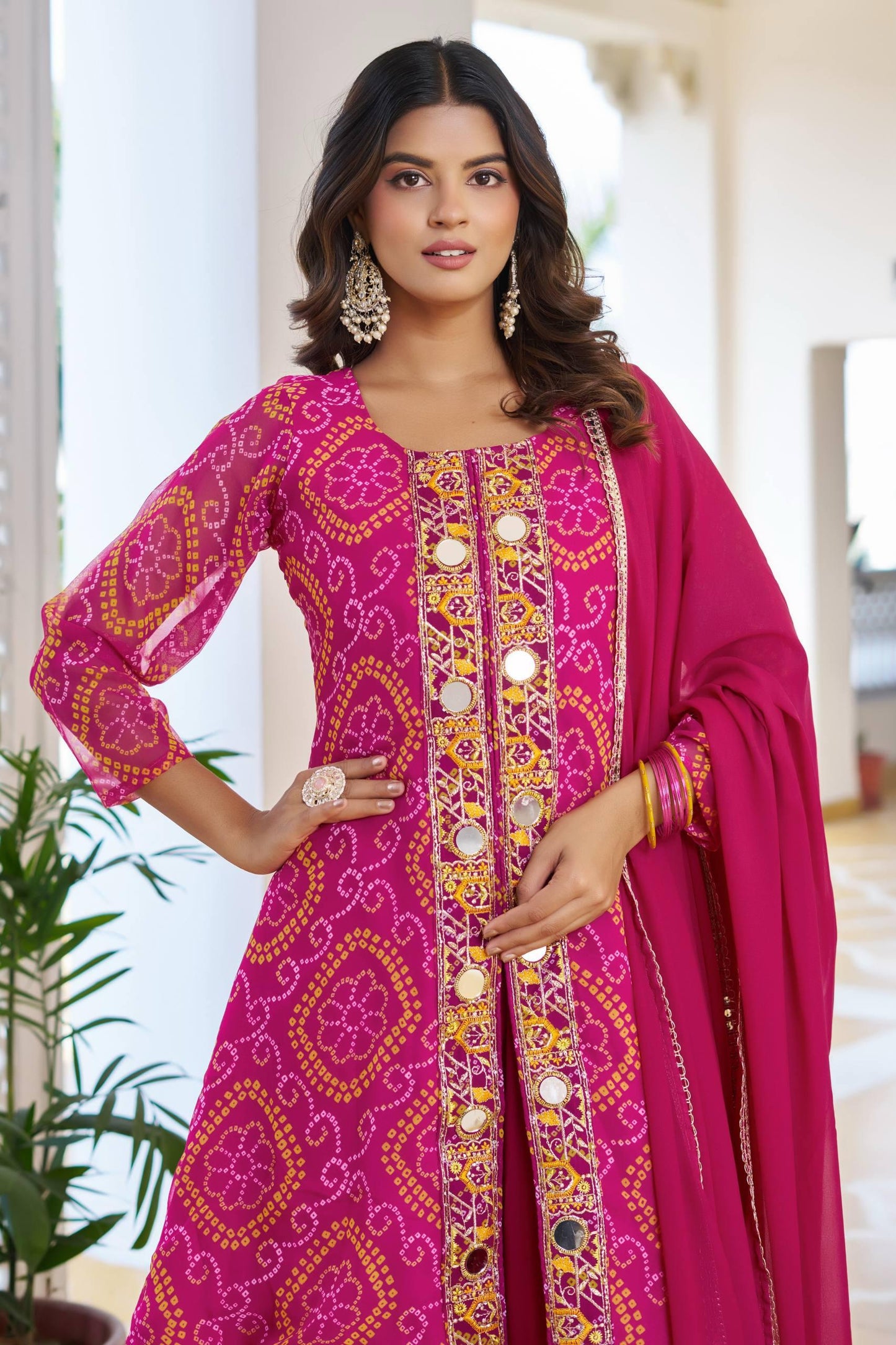 Pink Designer Bandhani Print Kurta Set