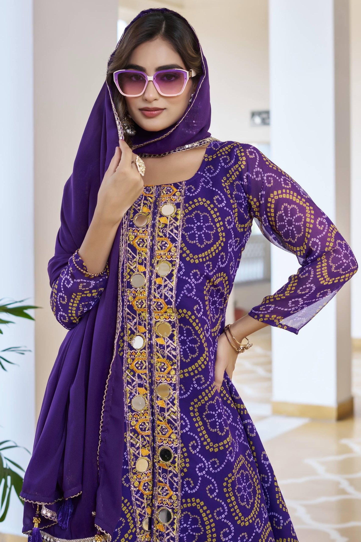 Royal Purple Bandhani Embroidery Kurti Set