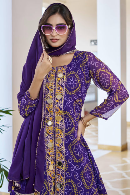 Royal Purple Bandhani Embroidery Kurti Set