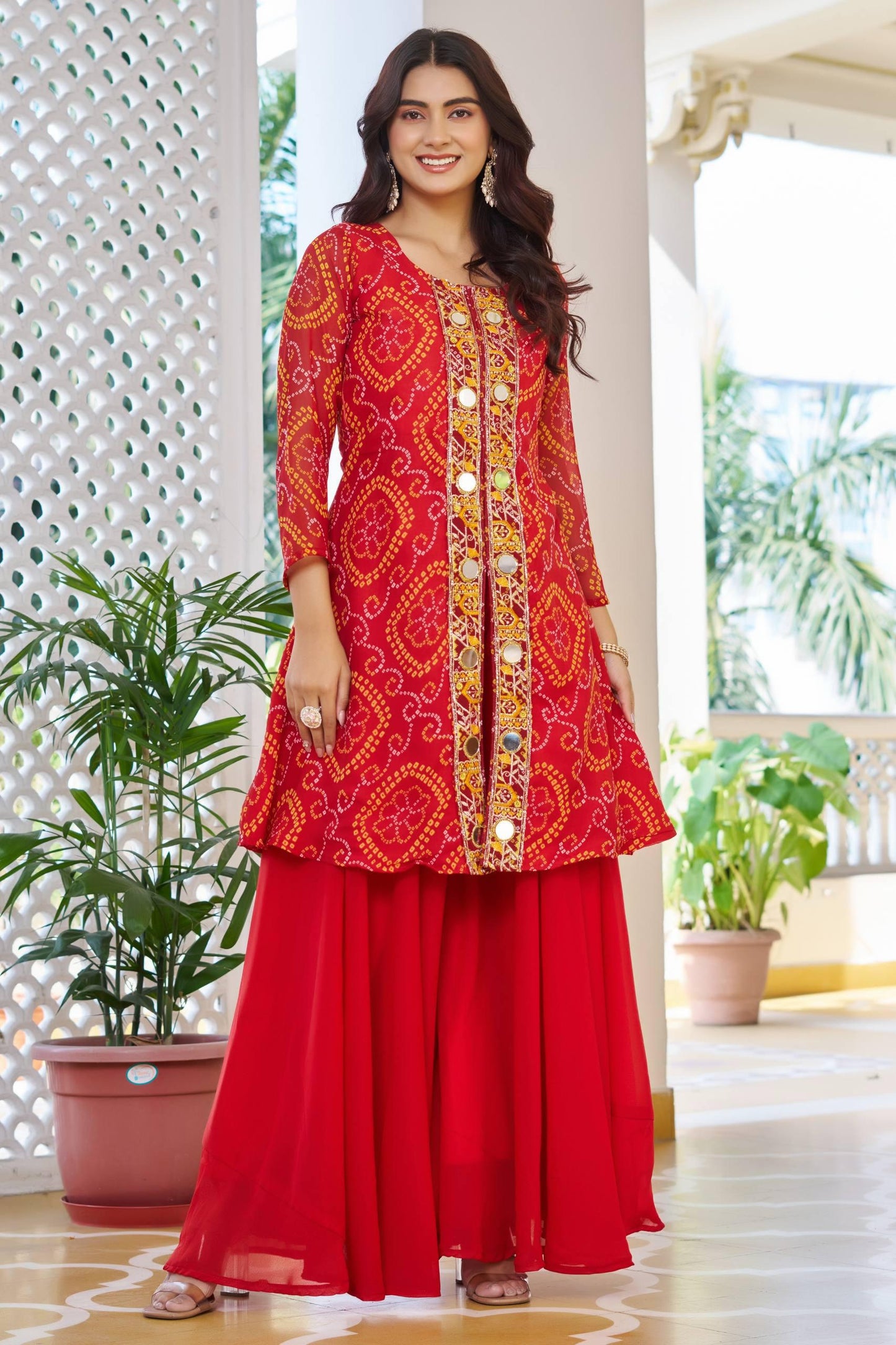Red Elegant Bandhani Embellished Kurti