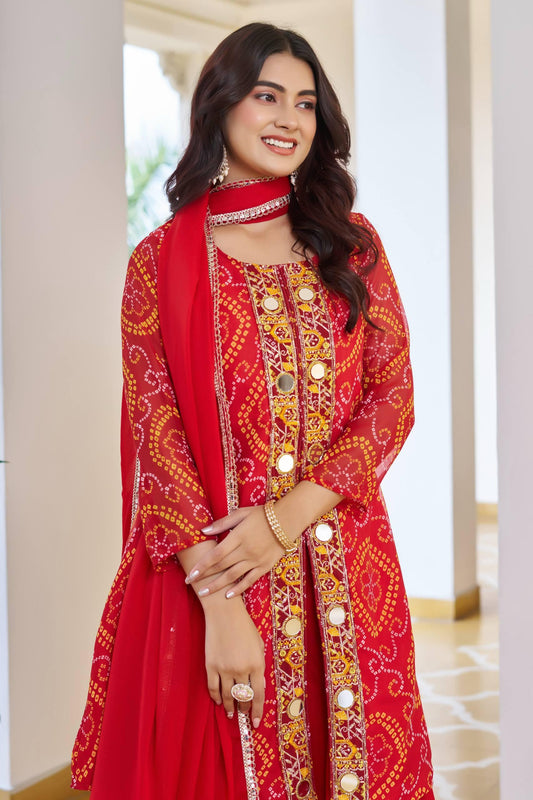 Red Elegant Bandhani Embellished Kurti