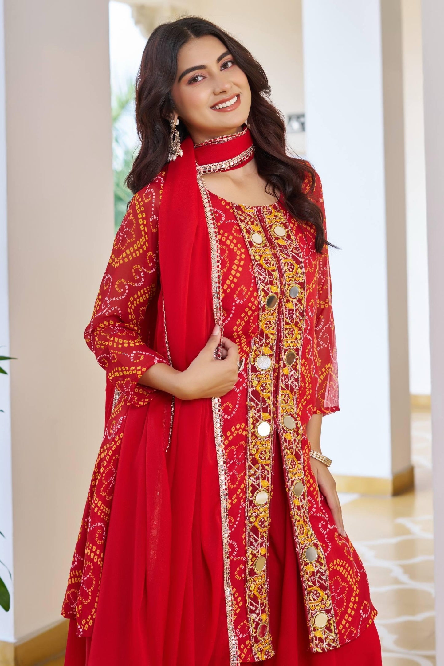 Red Elegant Bandhani Embellished Kurti