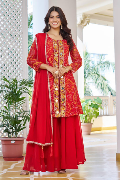 Red Elegant Bandhani Embellished Kurti