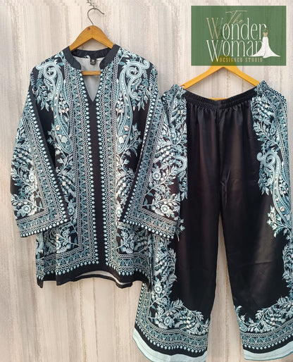 Black Teal Embroidered Co-ord Set Suit