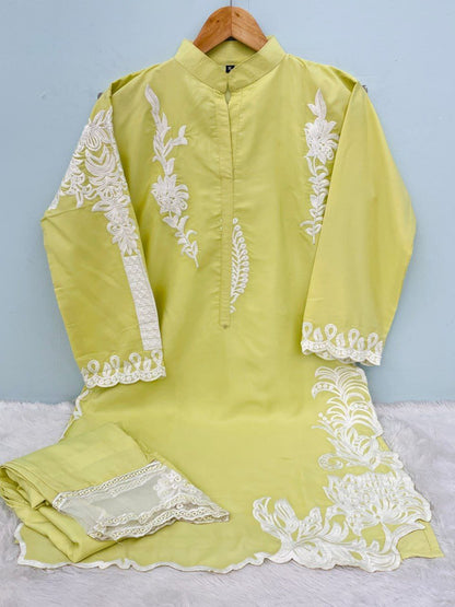 Lime Green Embroidered Straight Kurti