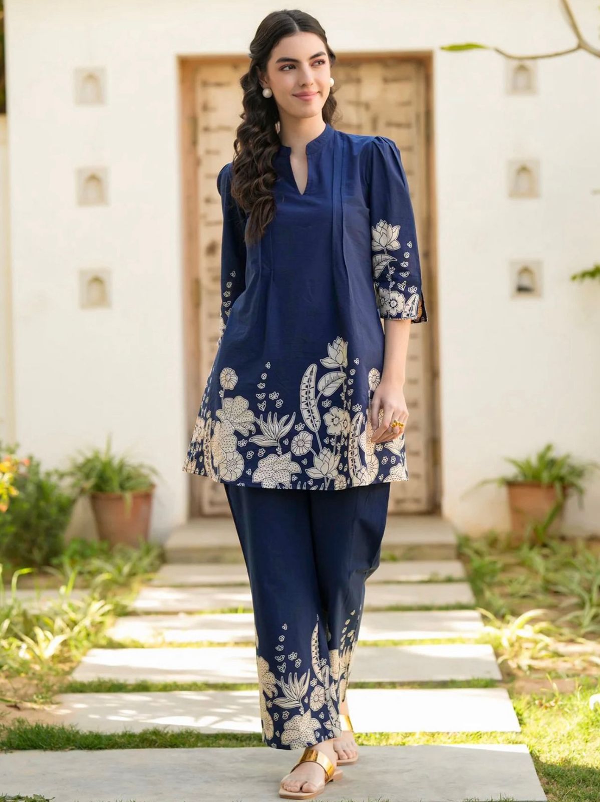Navy Ivory Floral Two-Piece Suit Set