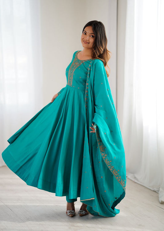 Teal Green Stunning Embroidered Anarkali Gown